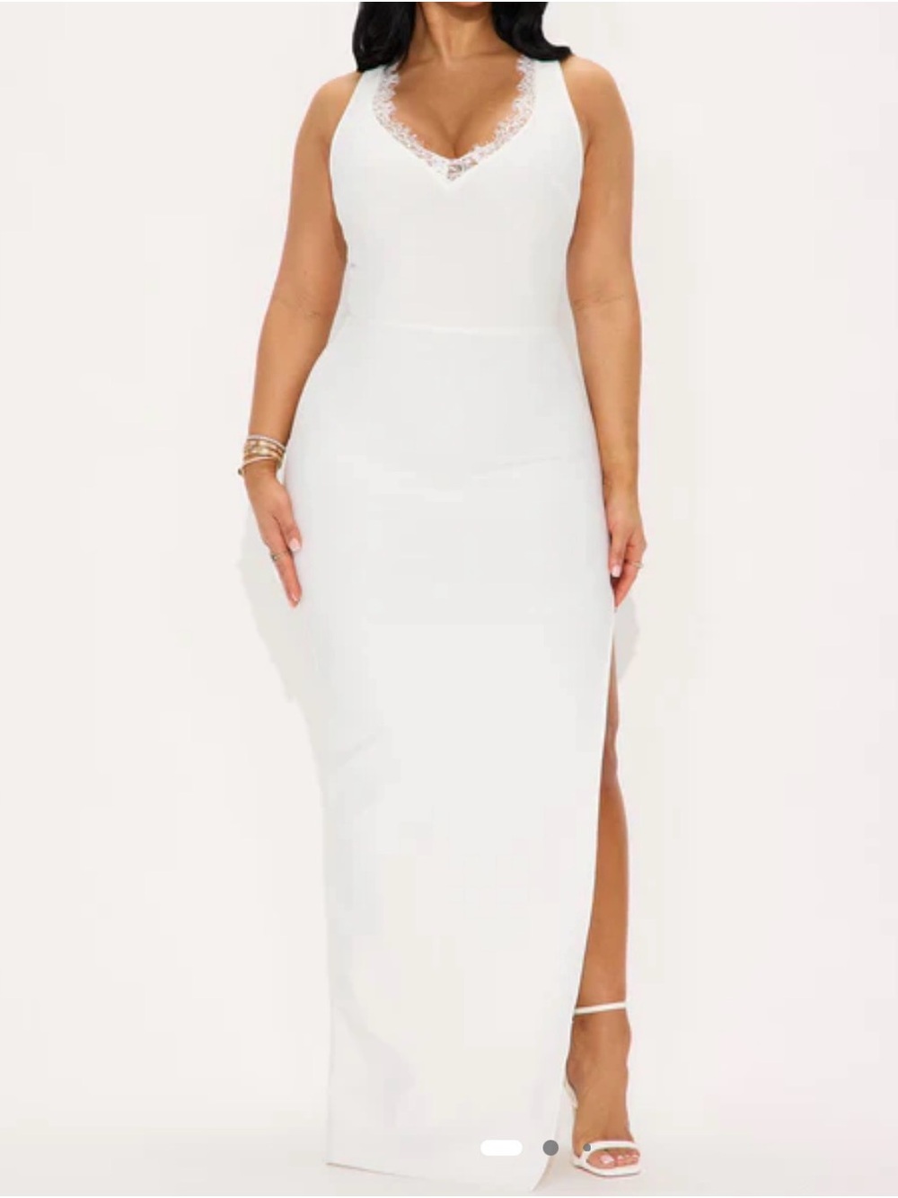 Sleeveless White Lace-Trim Maxi Dress with Side Slit